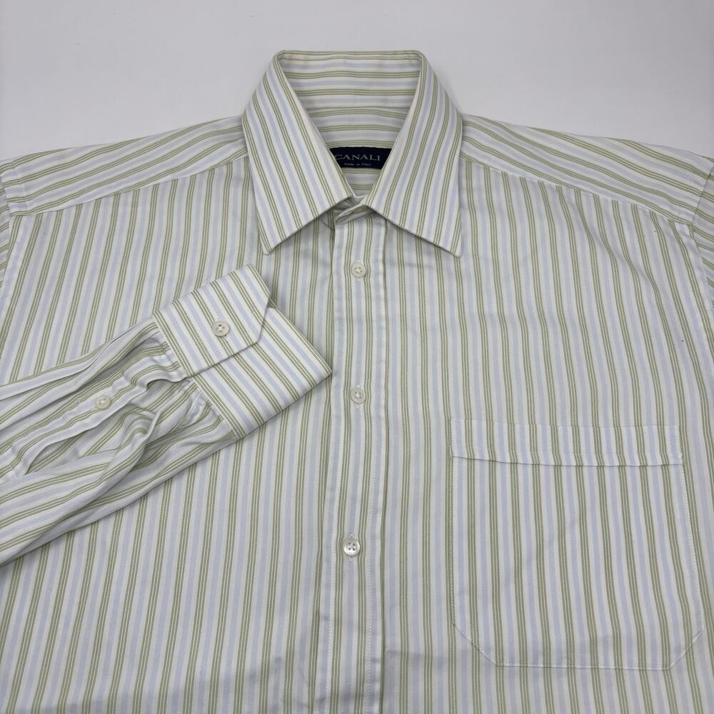 Canali Mens 15 1/2‎ -39 Green Blue Striped Long Sleeve Button Up Dress Shirt